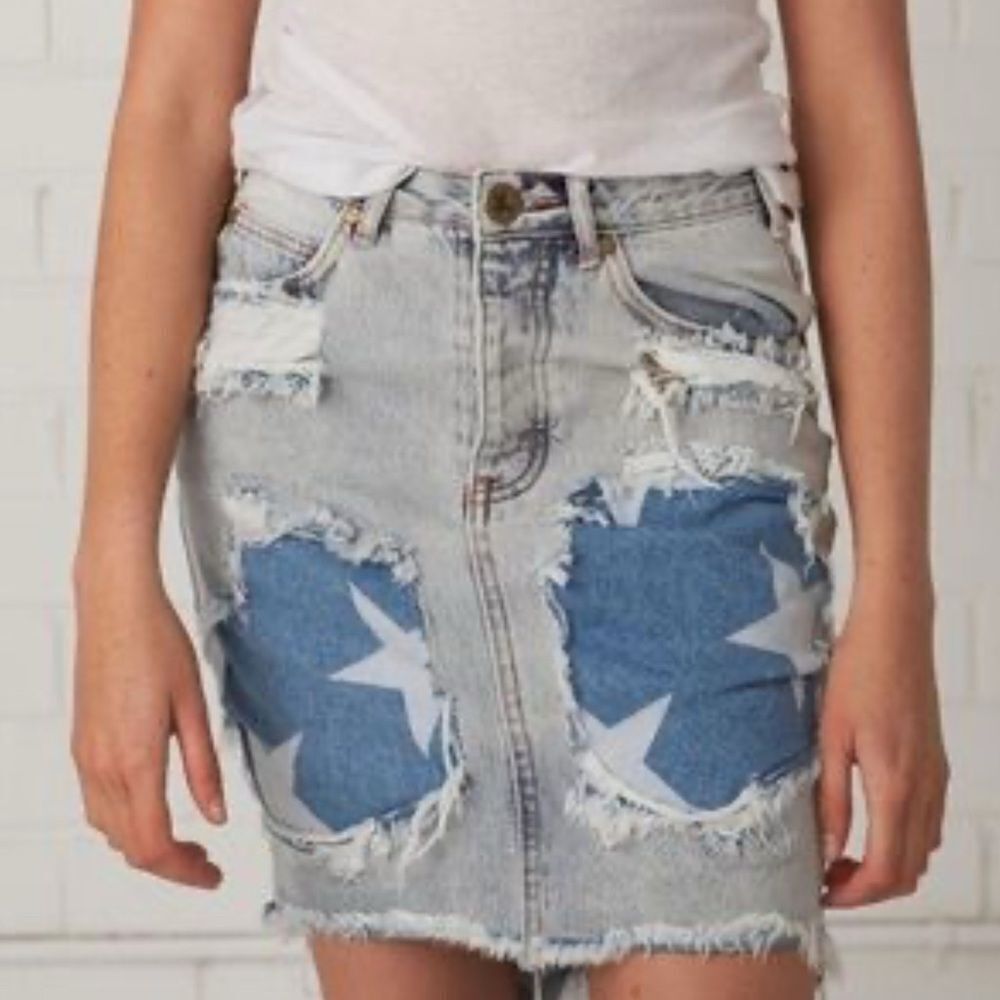 One teaspoon Blue Distressed Frayed Hem Denim Skirt